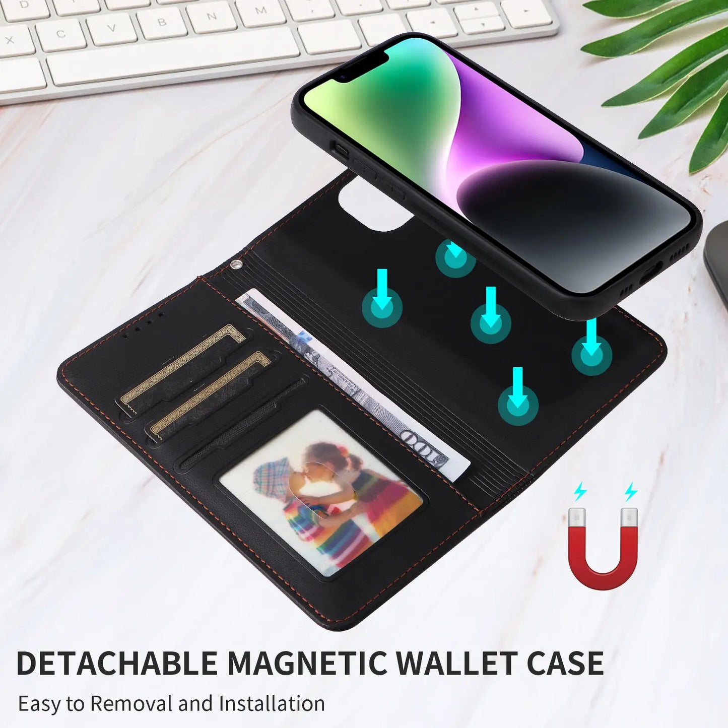 PU Leather Magnetic Wallet Case for iPhone 15